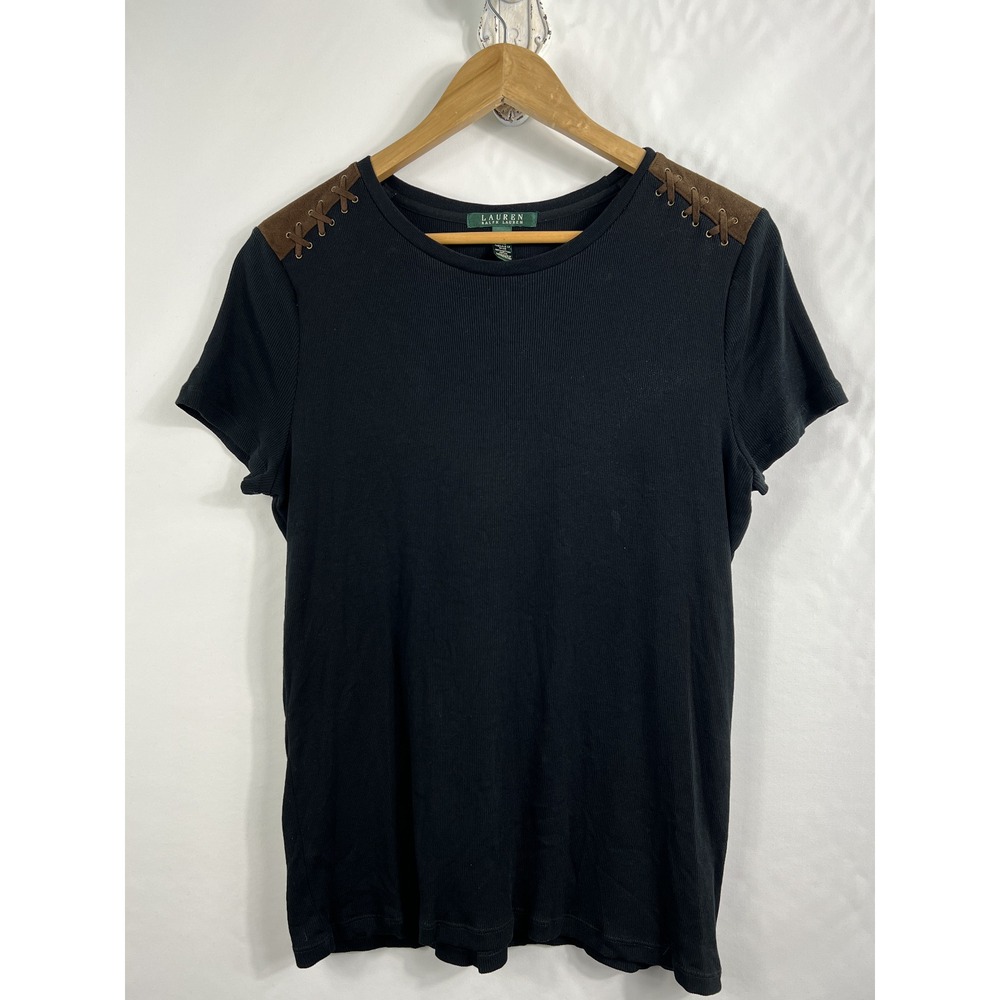 Lauren by Ralph Lauren Women's Black Shoulder‎ Patch 100% Cotton Ribbed Top XL